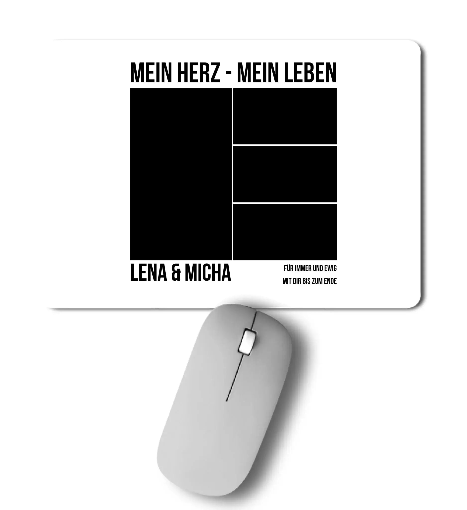 Weißes rechteckiges mousepad mit schwarz Text mein herz mein leben und foto platzhaltern personalisiert