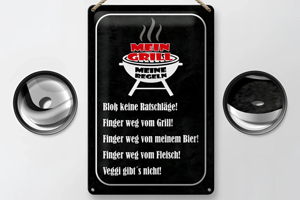 Schwarzes blechschild mein grill mit weißem grillbild und roten text deutsche grillregeln 20x30cm