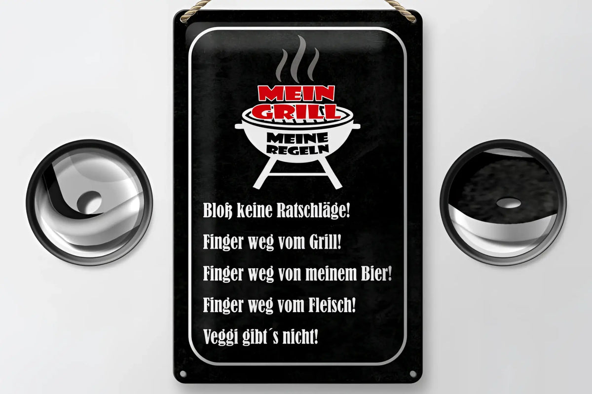 Schwarzes blechschild mein grill mit weißem grillbild und roten text deutsche grillregeln 20x30cm