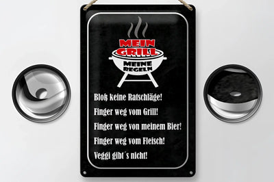Schwarzes blechschild mein grill mit weißem grillbild und roten text deutsche grillregeln 20x30cm