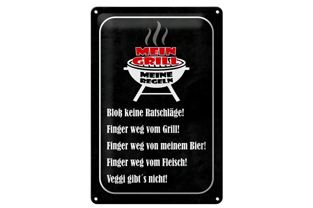 Schwarzes blechschild 20x30 cm mit weißem und rotem text mein grill meine regeln und lustigen deutschen grillregeln