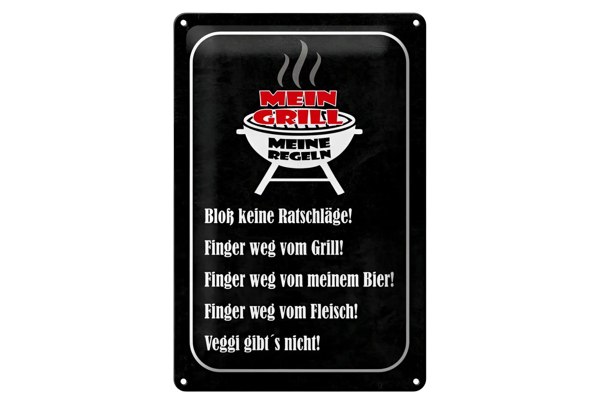 Schwarzes blechschild 20x30 cm mit weißem und rotem text mein grill meine regeln und lustigen deutschen grillregeln
