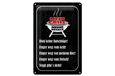 Schwarzes blechschild 20x30 cm mit weißem und rotem text mein grill meine regeln und lustigen deutschen grillregeln