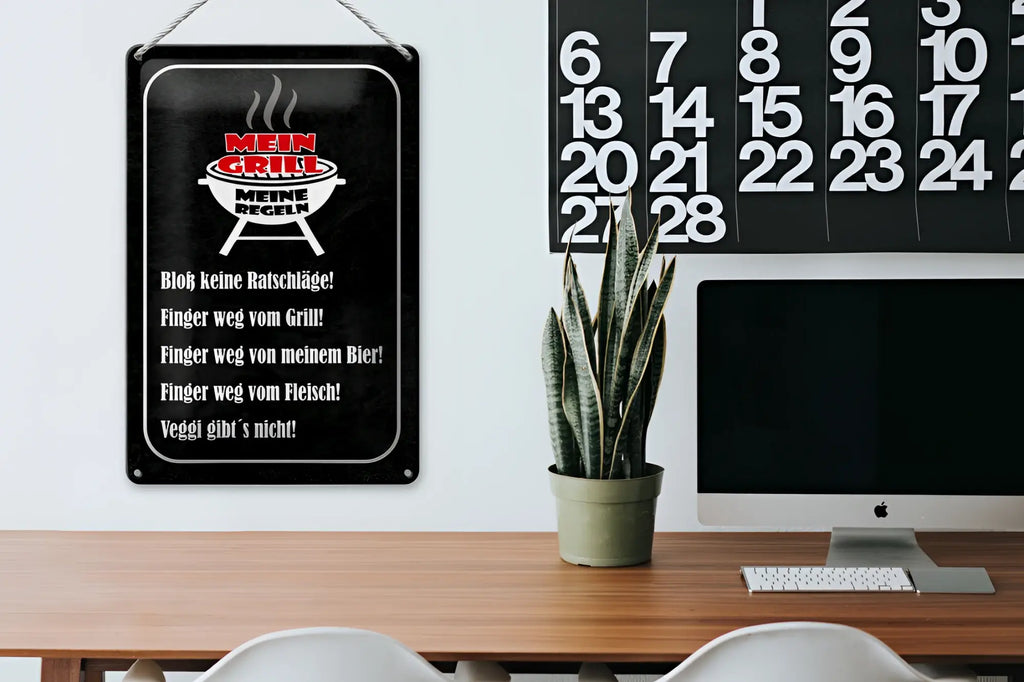 Black blechschild 20x30cm mit weißen texten und rot-weißer grilllogo mit deutschen grillregeln