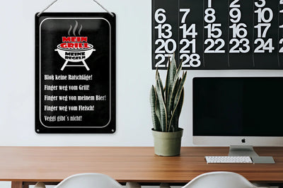 Black blechschild 20x30cm mit weißen texten und rot-weißer grilllogo mit deutschen grillregeln