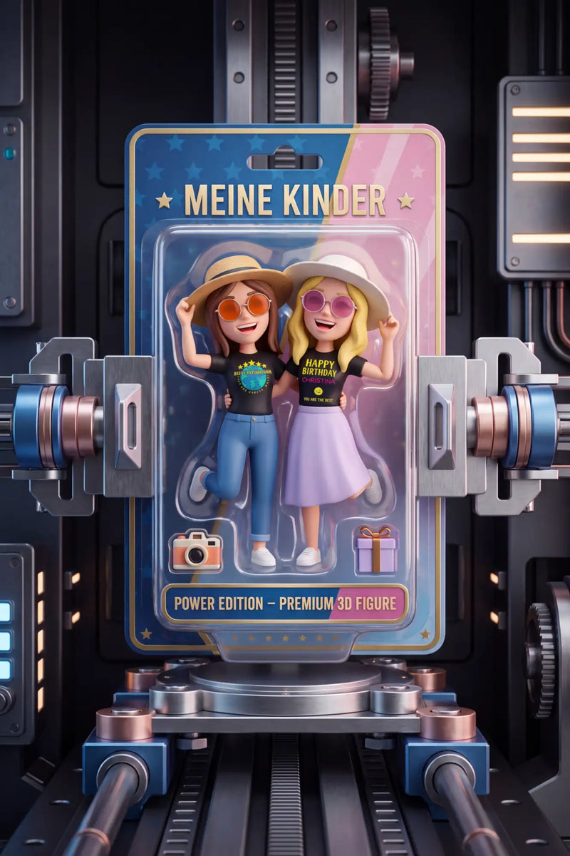 Mein Kinder Power Edition Premium-3D-Figuren-Set mit zwei Cartoon-Charakteren in Strohhüten und Sonnenbrillen, verpackt in einer transparenten Kunststoff-Blisterverpackung mit blauem und pinkfarbenem Kartonrücken.
