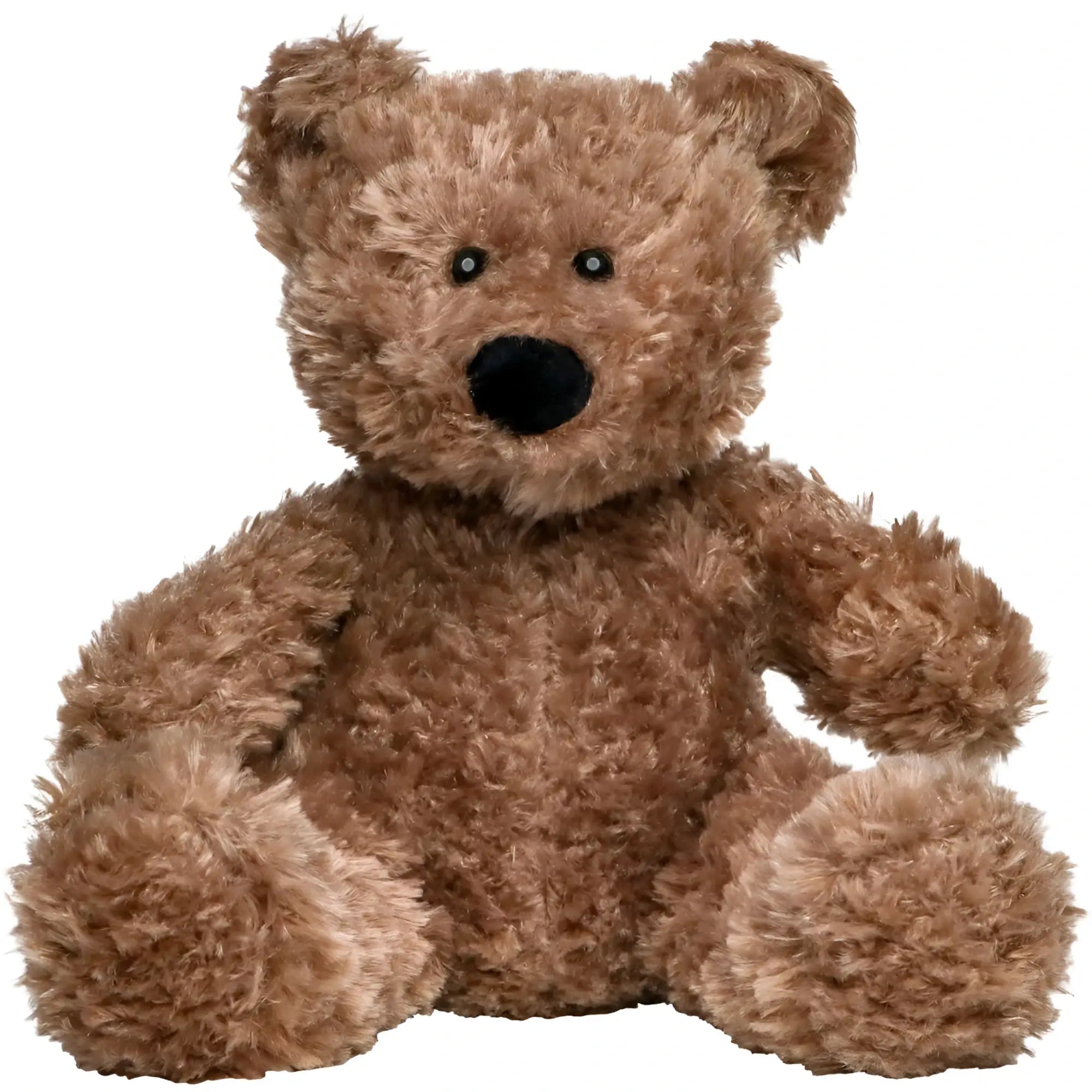 A medium-brown plush teddy bear with soft shaggy fur and black button eyes from minifeet bär henrik