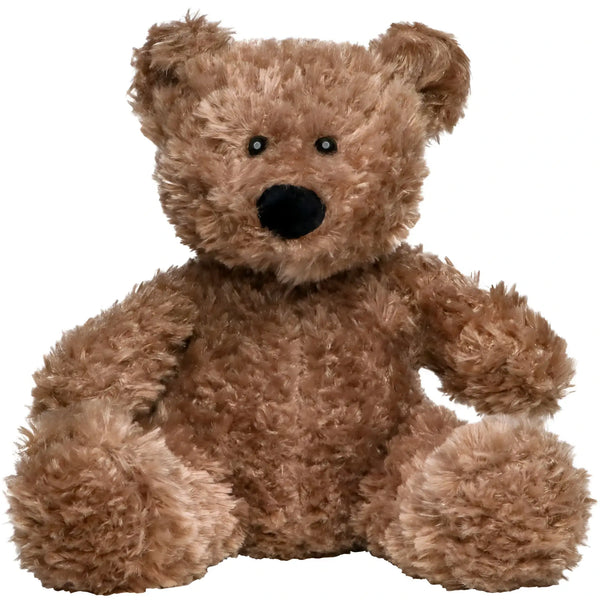 A medium-brown plush teddy bear with soft shaggy fur and black button eyes from minifeet bär henrik