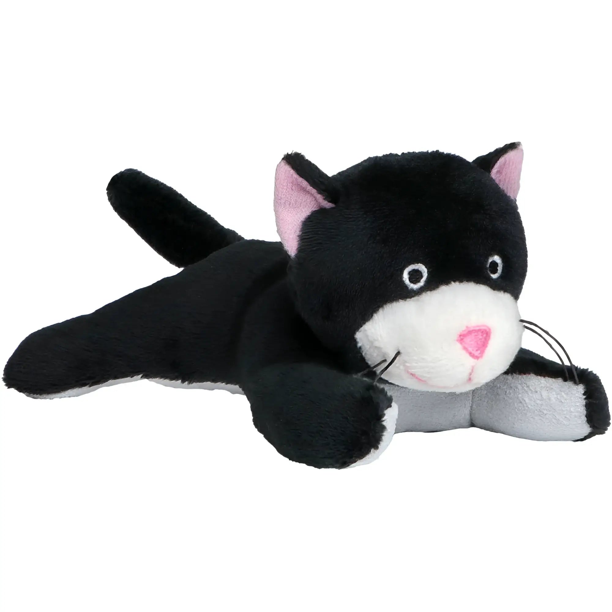 Plüschige miniFeet® bildschirmreiniger katze in schwarz und weiß mit pinken ohren und stickaugen aus stoff