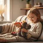 Ein weiches minifeet drache edda stofftier grau mit orangen flügeln roten spitzen und gelben hörnern ab 10 monate