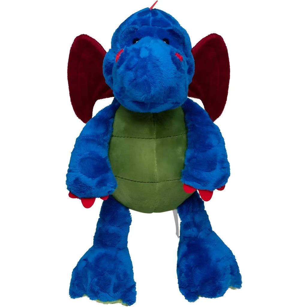 MiniFeet drache magnus kuschelfreund plüschtier in blau mit roten flügeln und füßen und grünem bauch aus weichem stoff
