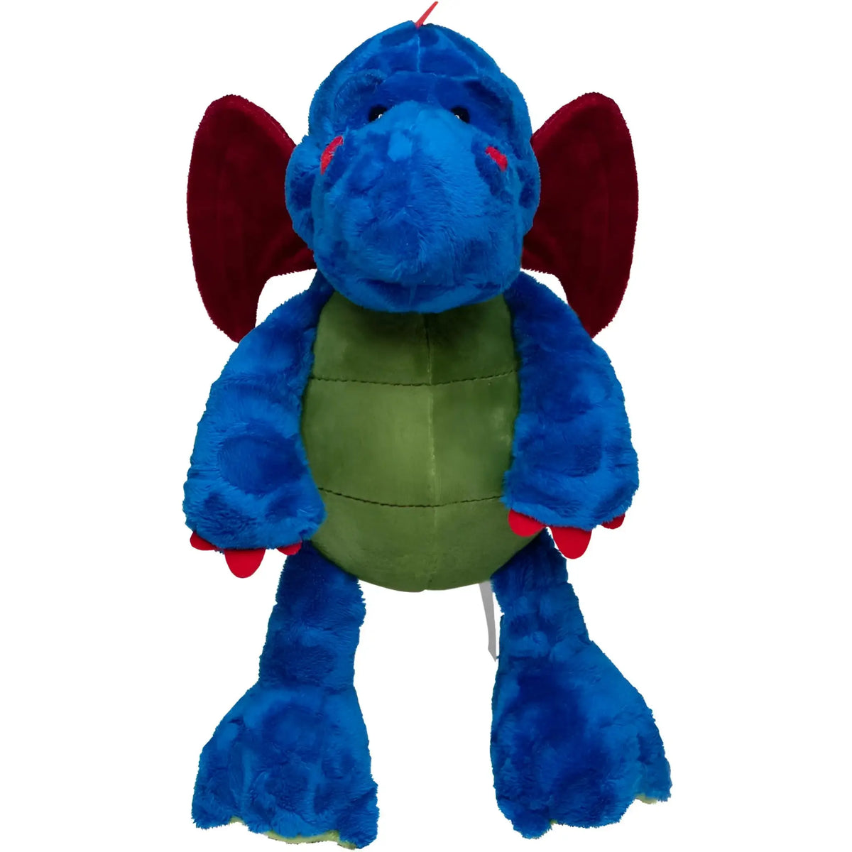 MiniFeet drache magnus kuschelfreund plüschtier in blau mit roten flügeln und füßen und grünem bauch aus weichem stoff