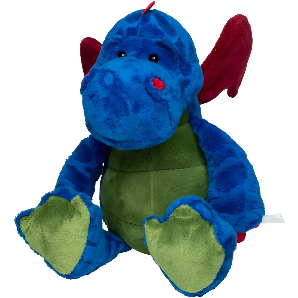 MiniFeet Drache Magnus plüschtier mit weichem stoff, blauem körper, roten flügeln und grünen füßen, ab 10 monate