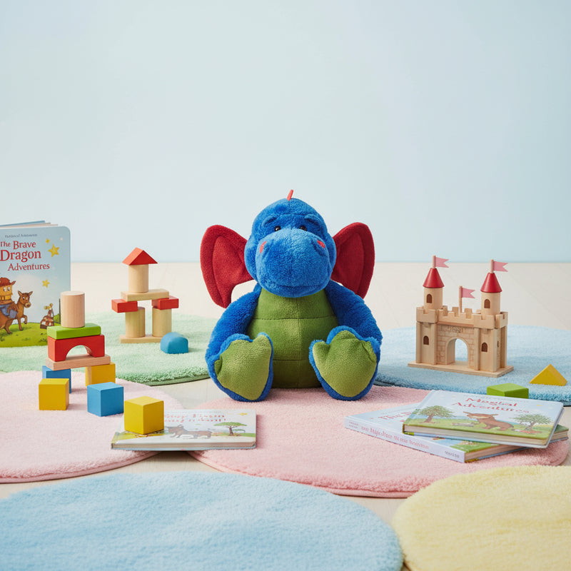 MiniFeet® drache magnus kuschelfreund stofftier mit blauem plüschkörper roten flügeln und grünen füßen ab 10 monate