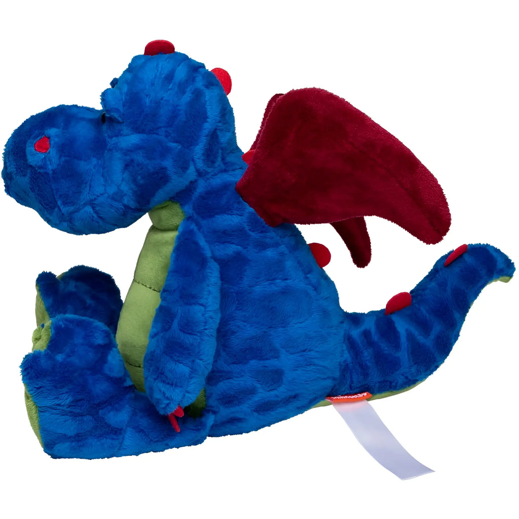 MiniFeet Drache Magnus Kuschelfreund plüschtier blau mit roten Flügeln und grünem Bauch aus strukturiertem stoff ab 10 Monate