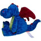 MiniFeet Drache Magnus Kuschelfreund plüschtier blau mit roten Flügeln und grünem Bauch aus strukturiertem stoff ab 10 Monate