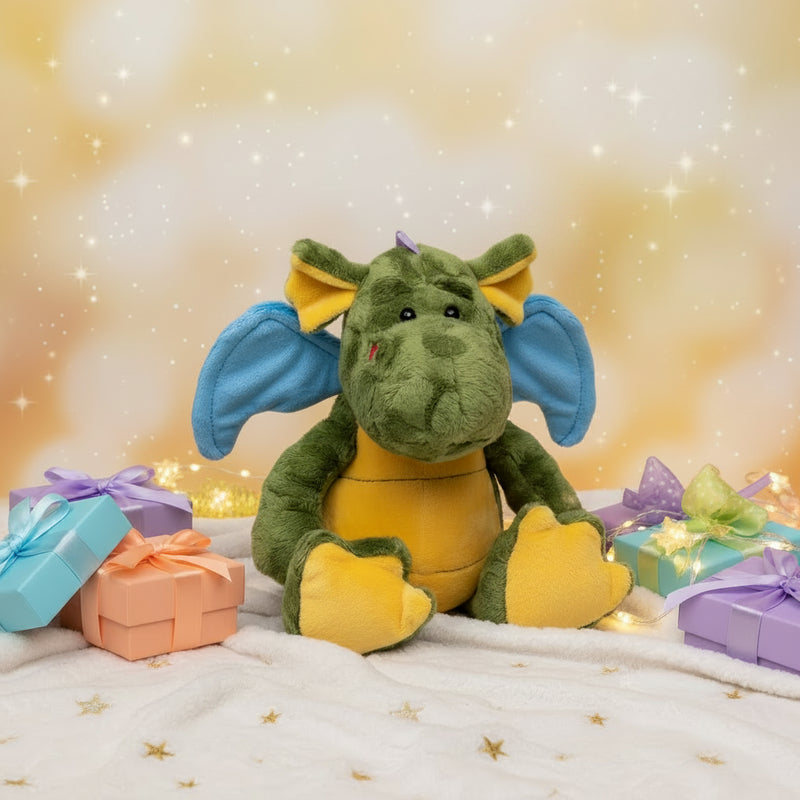 Kuscheliger mini feet drache ragna plüschtier grün mit gelben und blauen akzenten ab 10 monate