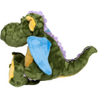Ein grüner mini feet drache ragna plüschtier mit gelben akzenten, blauen flügeln und lila stacheln, geeignet ab 10 monate