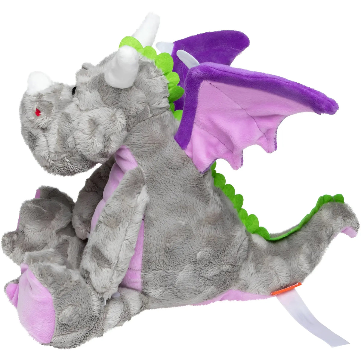 Ein kuscheliger mini feet drache smilla stofftier in grau mit weißen hörnern lila flügeln und grünen stacheln