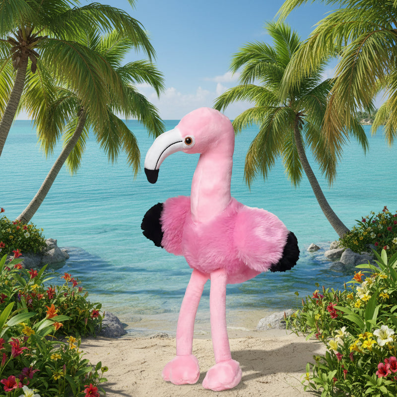 Ein weiches plüschtier miniFeet® flamingo Fernando in pink mit weißem und schwarzem schnabel und langen beinen