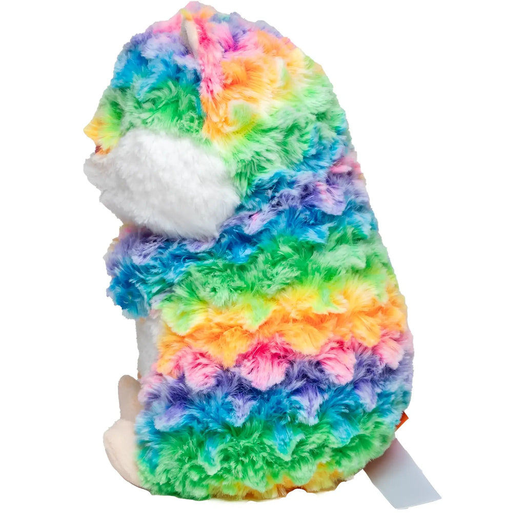 MiniFeet Hamster Holly ist ein regenbogenfarbener plüschkuschelfreund mit weißem bauch und weichem stoff