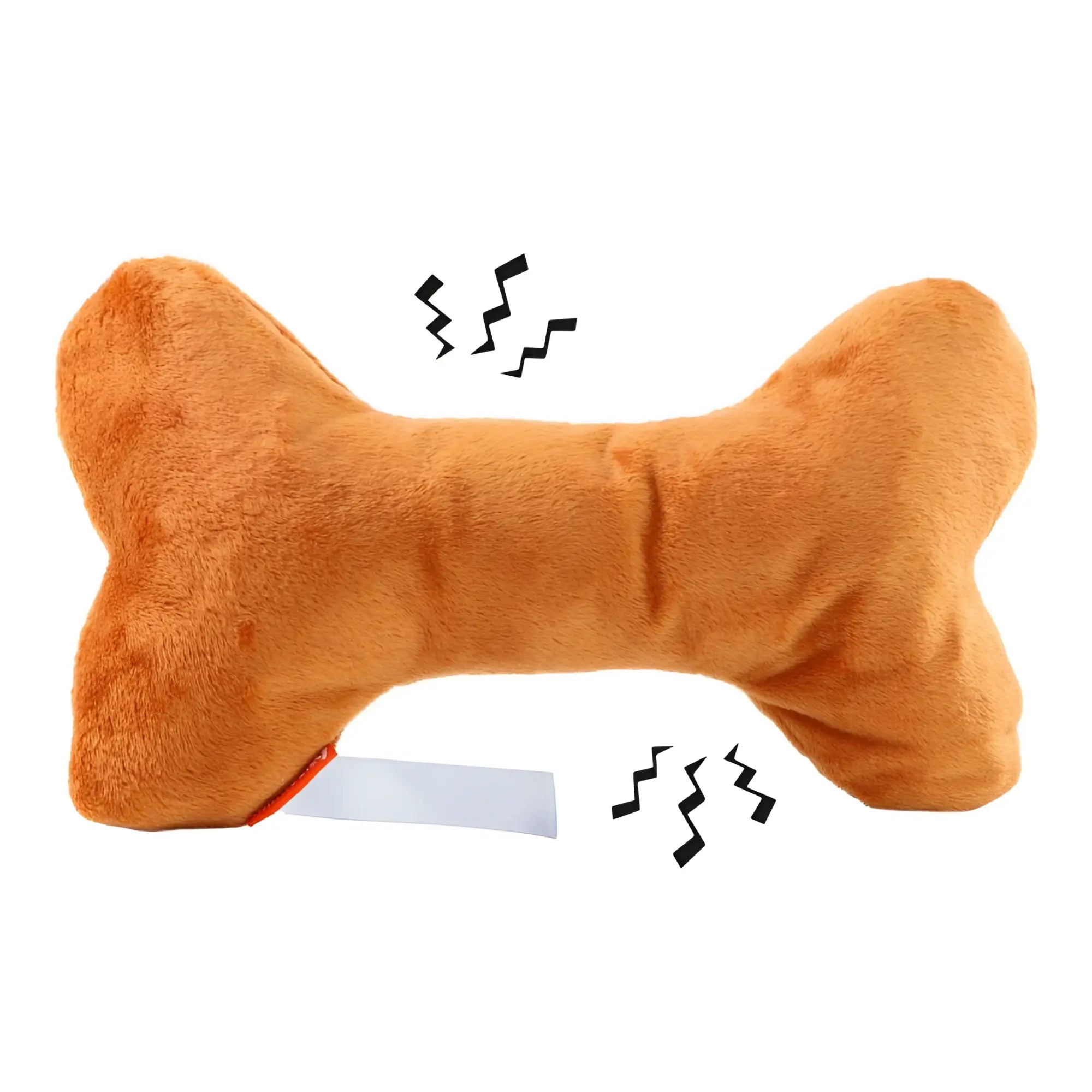 Orange plüsch hundespielzeug knochen mit knisterfunktion und weißem etikett von minifeet