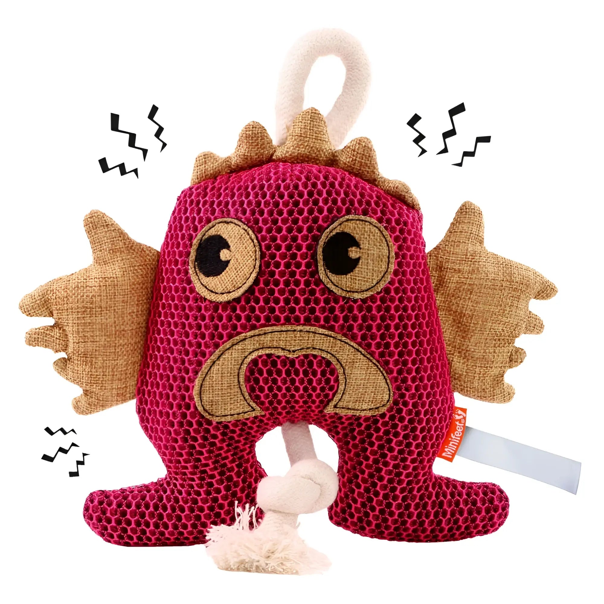 MiniFeet hundespielzeug monster plüschtier in magenta mit beigen burlap-flügeln und gesicht für spielspaß