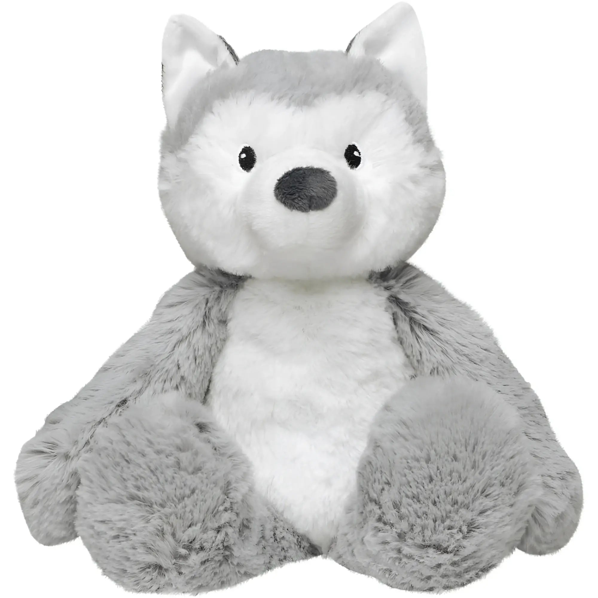 A soft plush gray and white husky toy from minifeet with fluffy fur perfect for warm hugs