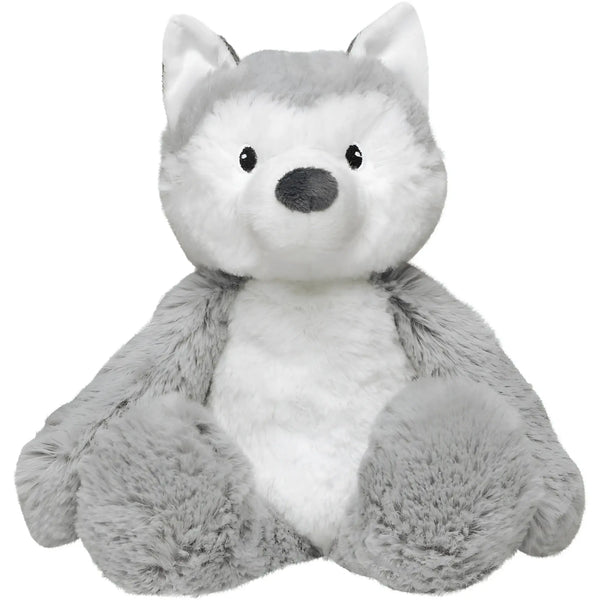 A soft plush gray and white husky toy from minifeet with fluffy fur perfect for warm hugs