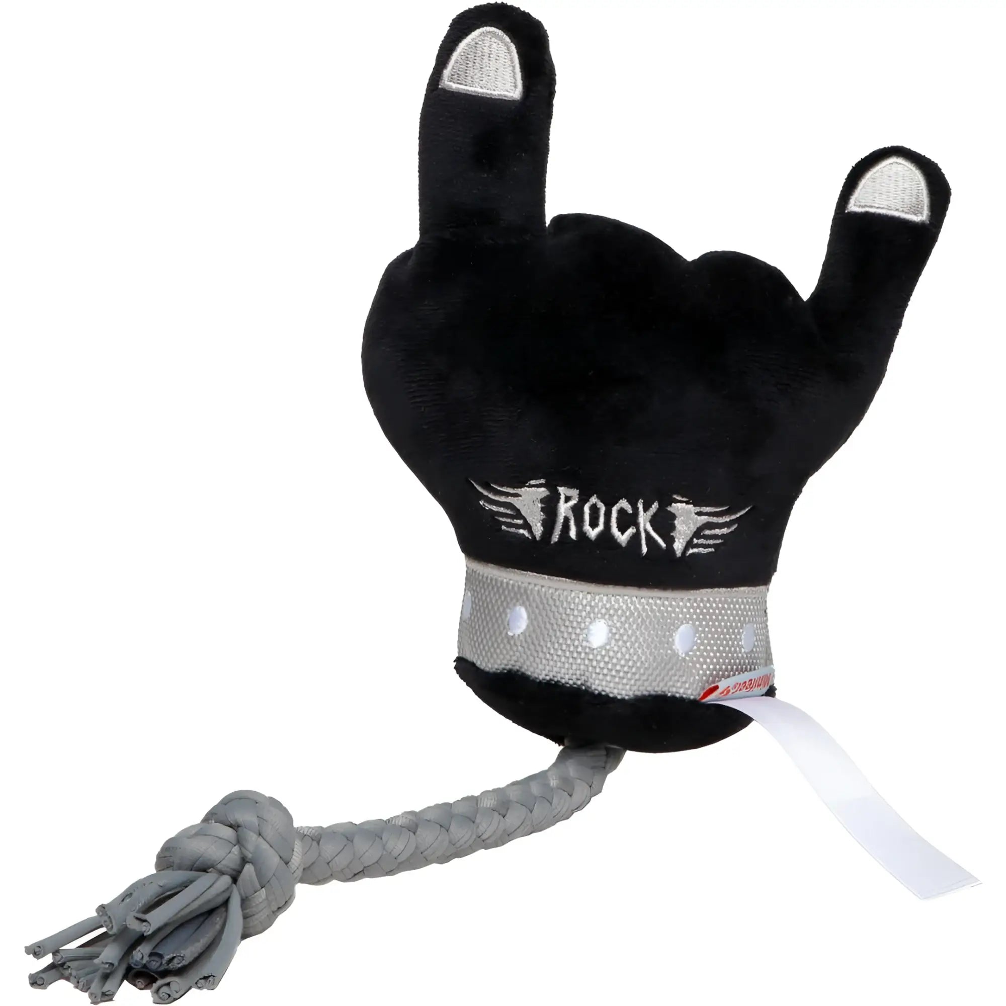 MiniFeet metalhand schwarzes plüsch rock handspielzeug mit silber besticktem rock logo und geflochtenem grauem seil Schwanz
