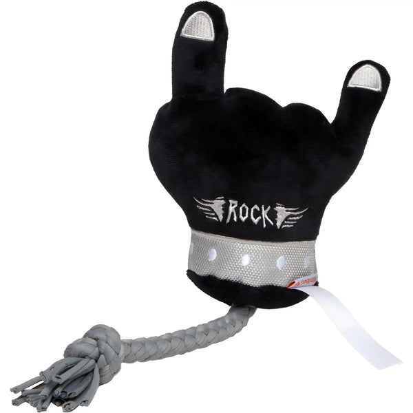 MiniFeet metalhand schwarzes plüsch rock handspielzeug mit silber besticktem rock logo und geflochtenem grauem seil Schwanz