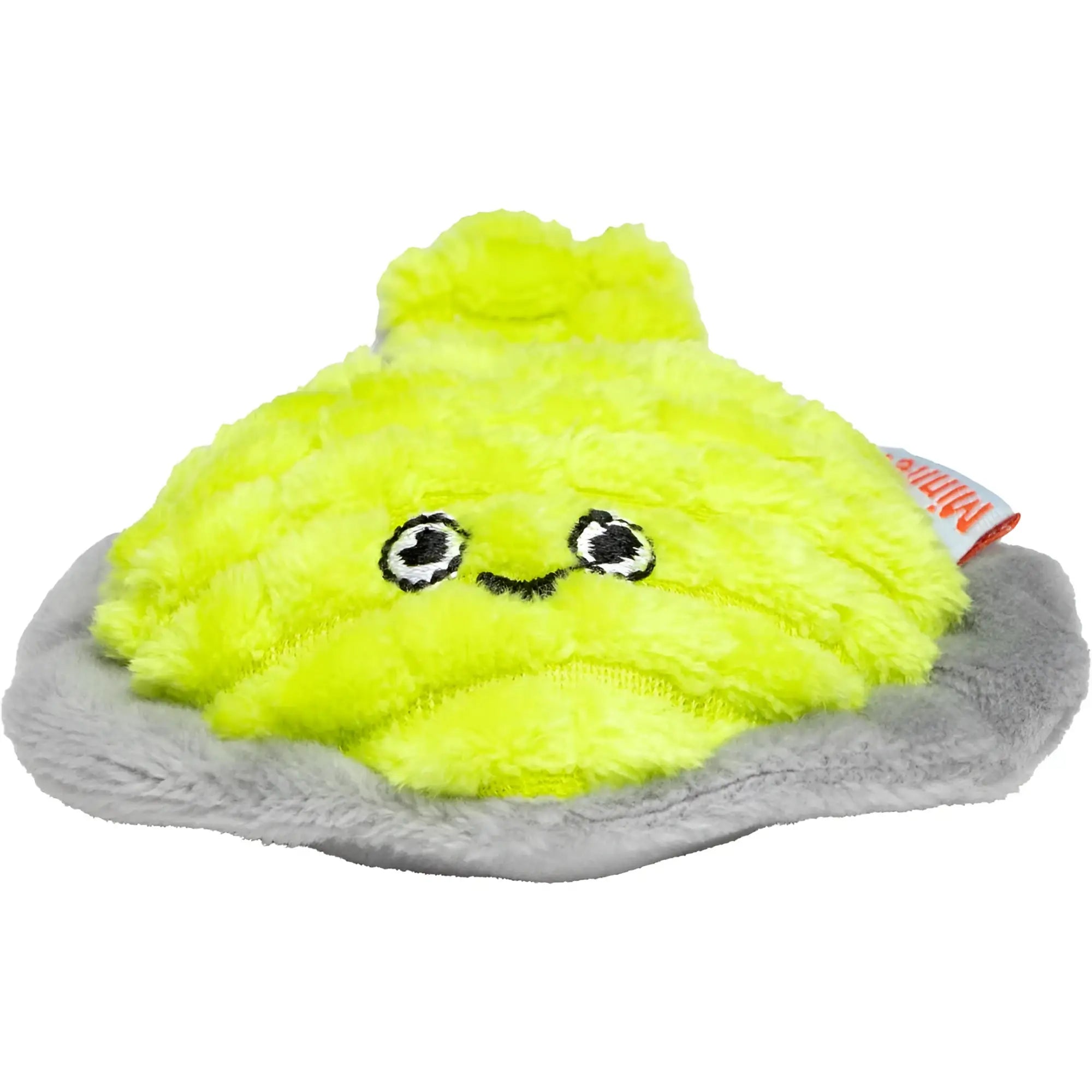 MiniFeet Plattfisch katzenspielzeug grünes neon plüschtier muschel mit bestickten augen auf grauem pelz sitzend