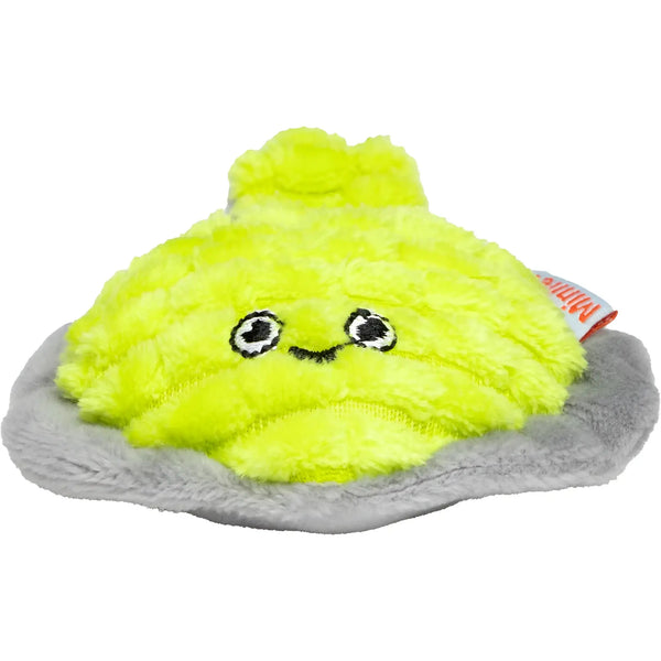 MiniFeet Plattfisch katzenspielzeug grünes neon plüschtier muschel mit bestickten augen auf grauem pelz sitzend