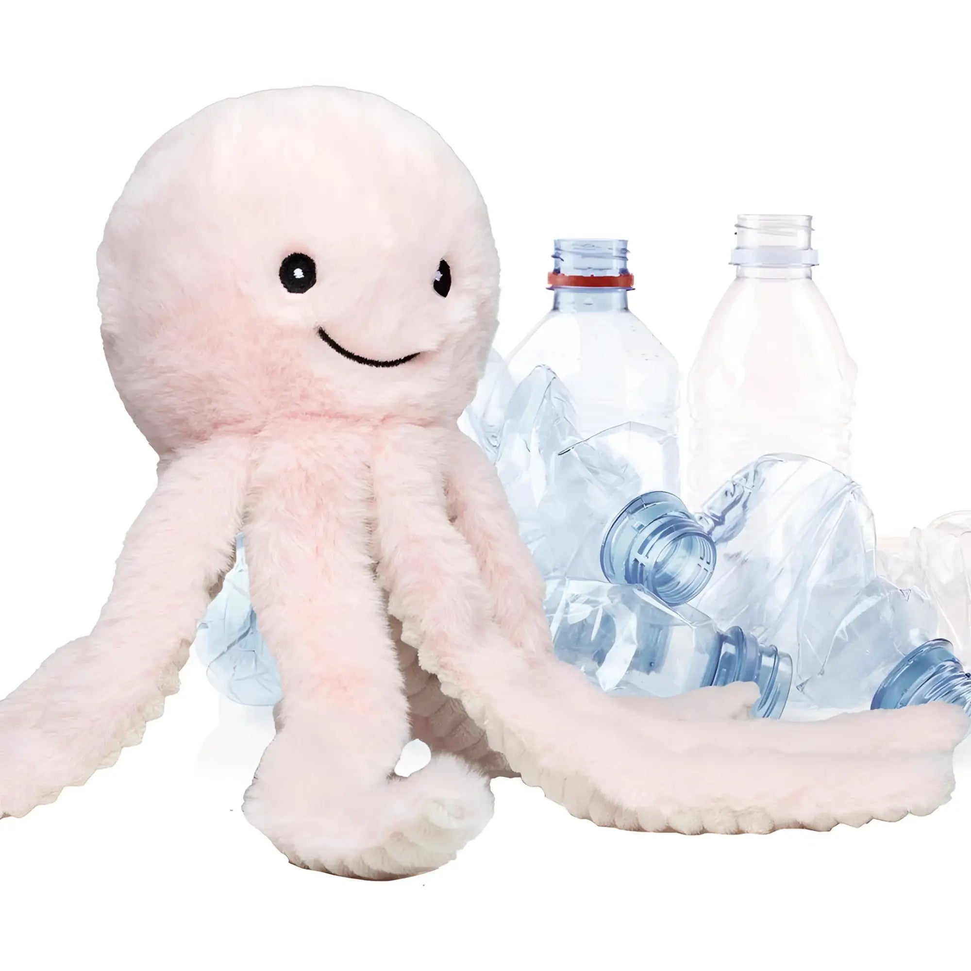 Soft blush-pink mini feet recyceloctopus plüschtier mit schwarzen knopfaugen und gesticktem lächeln