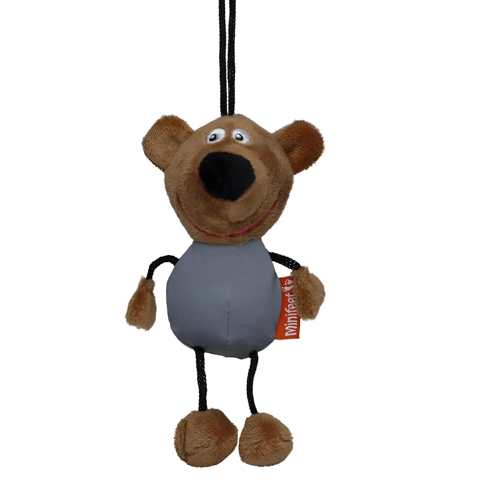 Brauner plüschbär charm mit grauem torso schwarzen nasen und gliedmaßen zum aufhängen an schwarzer schnur miniFeet reflex-bär