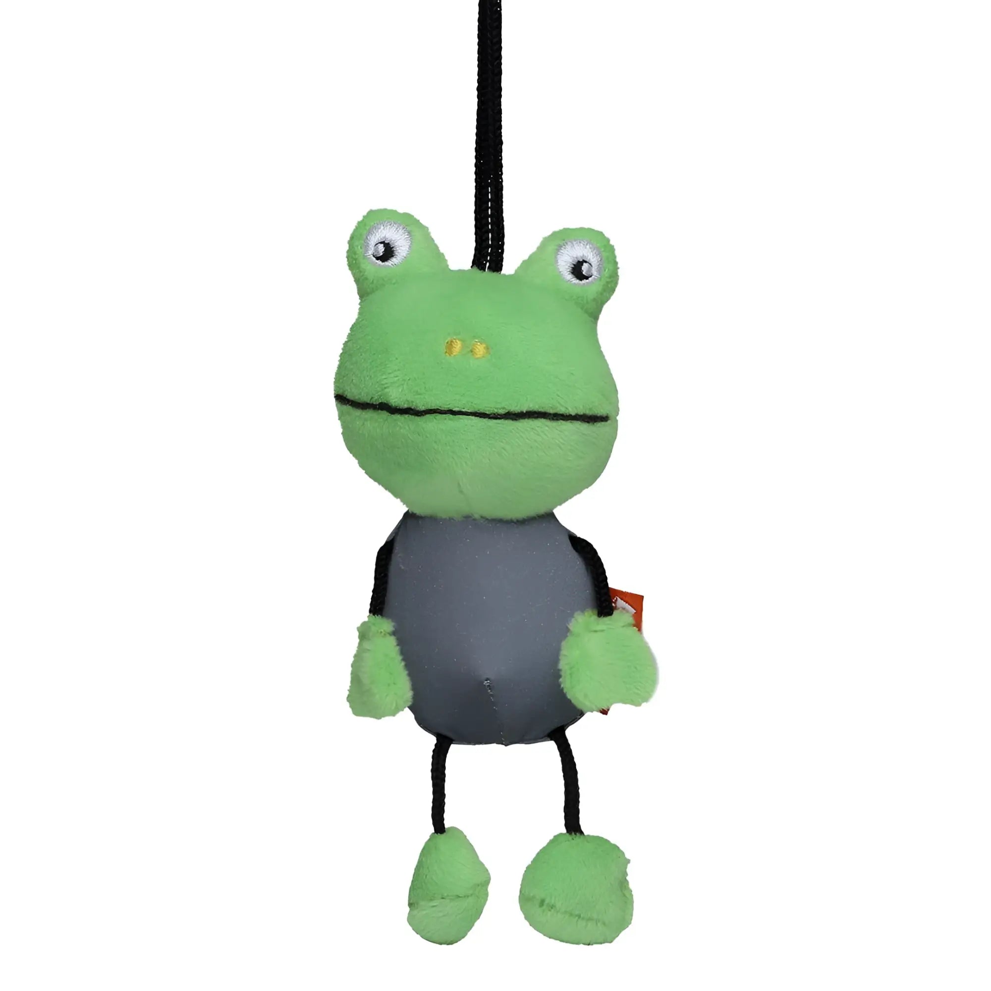Grüner mini feet reflex-frosch plüschtier mit grauem bauch schwarzen armen und stickaugen aus stoff