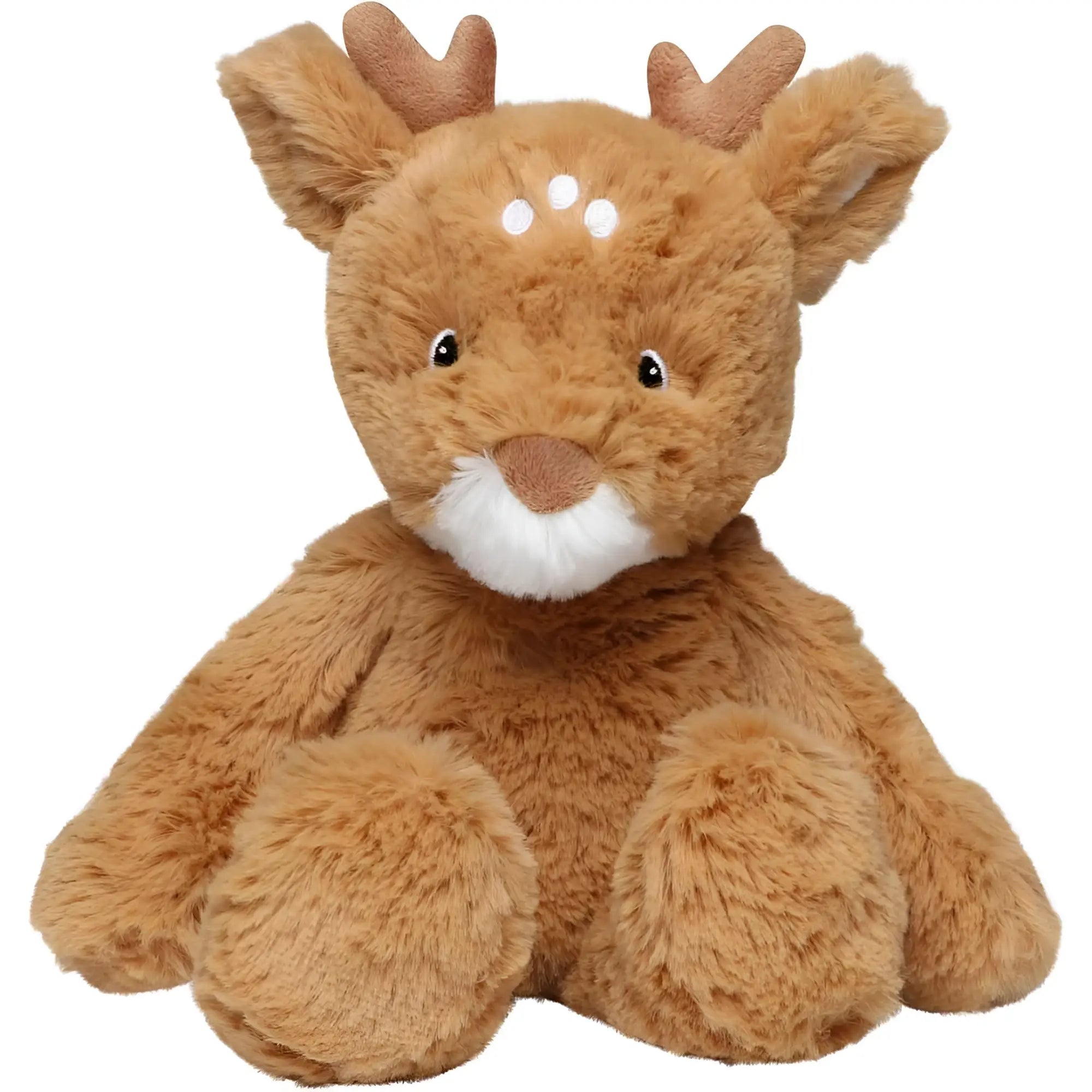 A plush brown mini reindeer toy with soft fur white facial markings and antlers from minifeet rentier rika collection