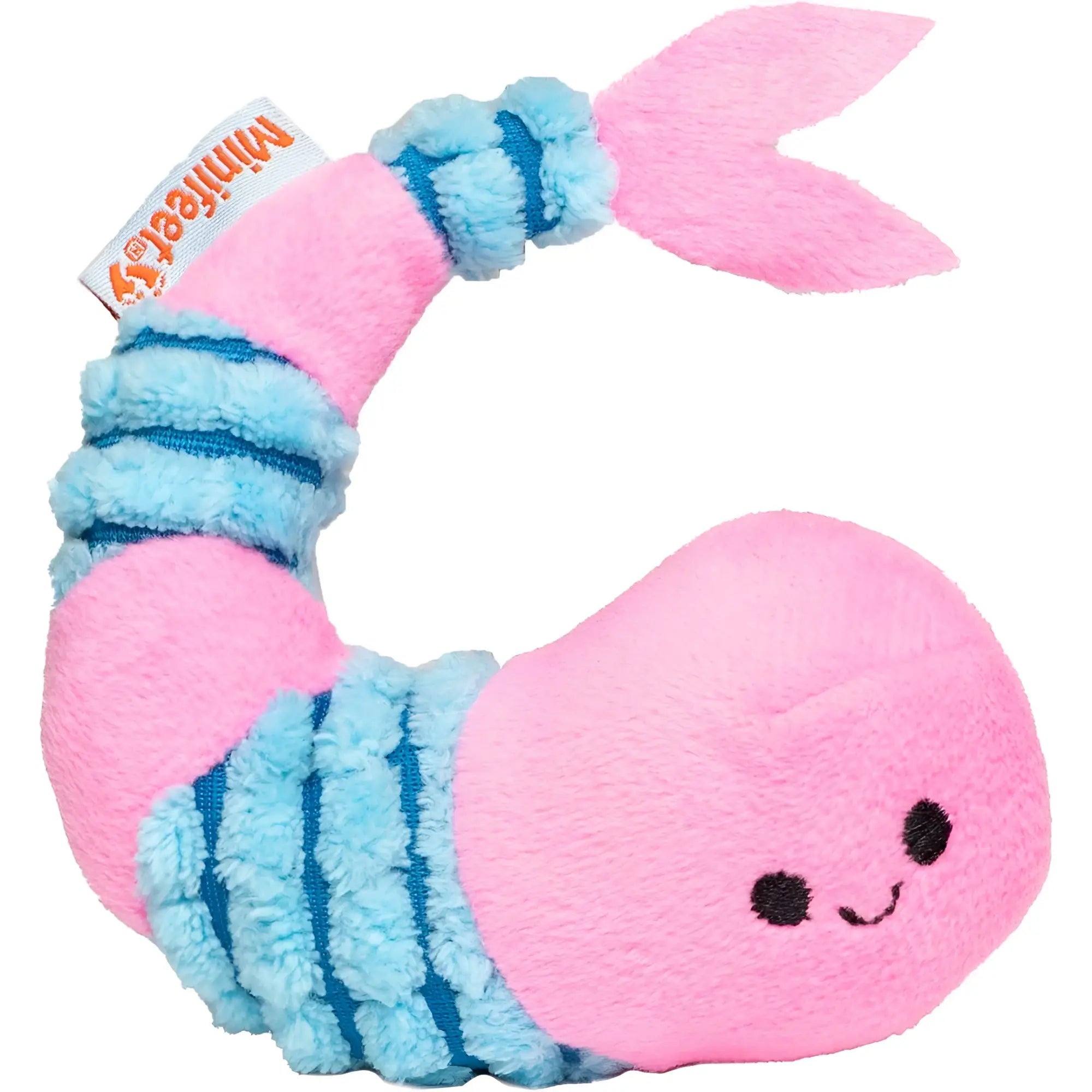 MiniFeet shrimp plüschtier katzenspielzeug rosa und blau mit kuscheliger textur und gestreiftem schwanz