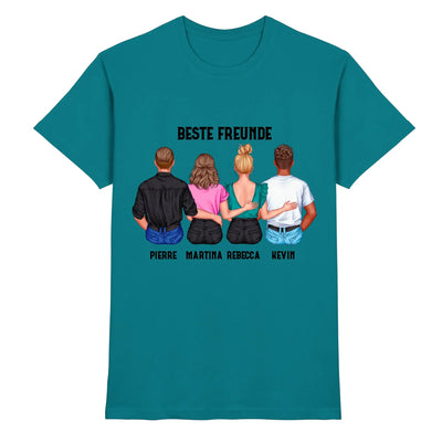 Rückseite eines tealfarbenen cotton t-shirts mit grafik von vier freunden und text beste freunde personalisierbar