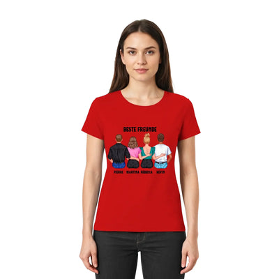 Rotes kurzarmshirt mit persönlicher grafik von vier freunden und ihren namen aus der mix paar designer kollektion