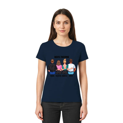 Marine blaues kurzarmshirt mit buntem grafikdesign von vier freunden von hinten und text beste freunde personalisiert