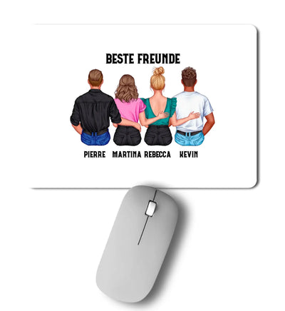 Weißer rechteckiger mauspad mit personalisierter illustration von vier freunden von hinten beste freunde mit namen
