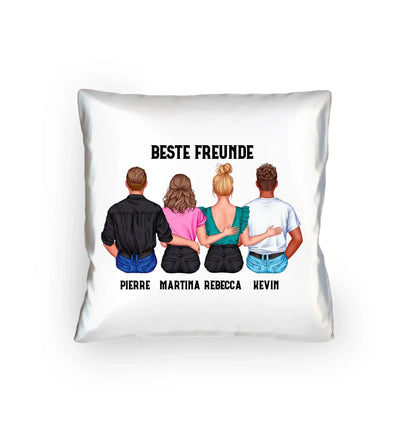 Weiße quadratische kissen mit personalisierter illustration von vier freunden von hinten und text beste freunde