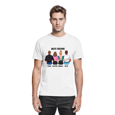 Weiße baumwoll t shirt mit bunter grafik von vier personen von hinten beste freunde und namen auf der rückseite