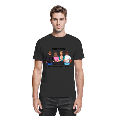 Backside of black short-sleeved t-shirt with colorful graphic of four people and text beste freunde plus names below