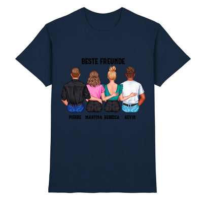 Marine blaue baumwoll t shirt mit grafik von vier personen von hinten beste freunde und namen personalisiert