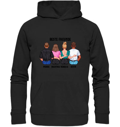 Schwarzer kapuzenpullover mit personalisiertem grafikdesign vier freunde von hinten beste freunde text und namen