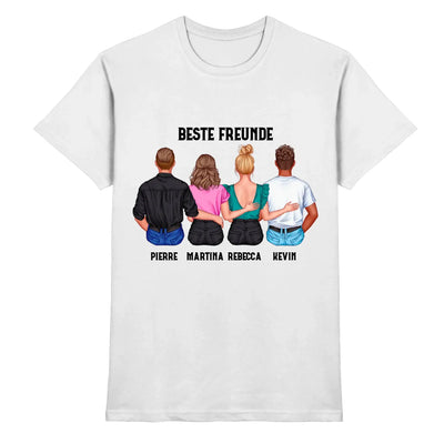 Weiße baumwoll t-shirt rückseite mit grafik von vier freunden von hinten mit namen und beste freunde oben