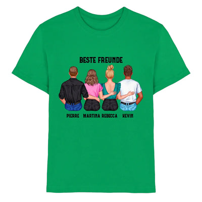 Leuchtendes grünes Baumwoll-T-Shirt mit personalisiertem graphic von vier freunden und dem text beste freunde plus namen