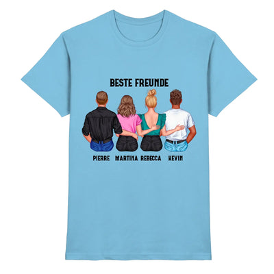 Leichte hellblaue baumwollt shirt mit personalisierter grafik von vier figuren und text beste freunde hinten